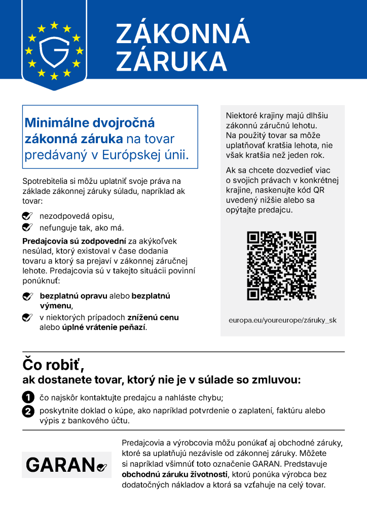 Reklamačný poriadok 1 Zákonná záruka – harmonizované oznámenie EÚ