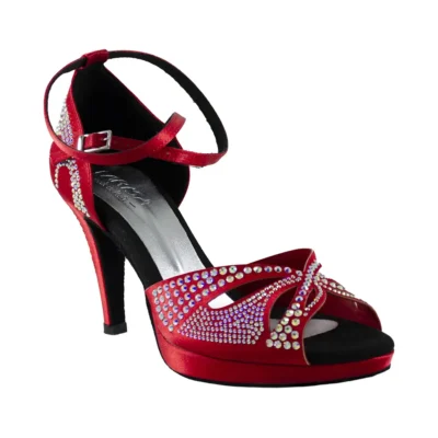 Dámske tanečné topánky Angela červené so Swarovského kryštálmi, platforma. Značka Larisa London. Made in Italy. Fotené šikmo sprava.