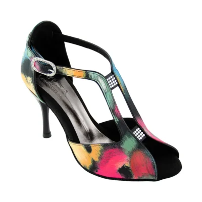 Dámske tanečné topánky Marlene multifarebné, stredný podpätok. Značka Larisa London. Made in Italy. Fotené šikmo sprava.