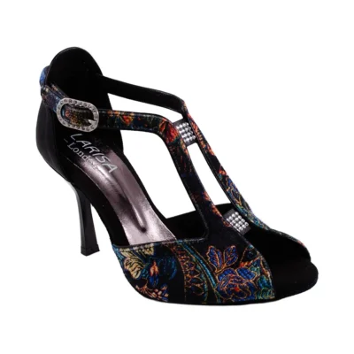 Dámske tanečné topánky Marlene velvet, vysoký podpätok. Značka Larisa London. Made in Italy. Fotené šikmo sprava.