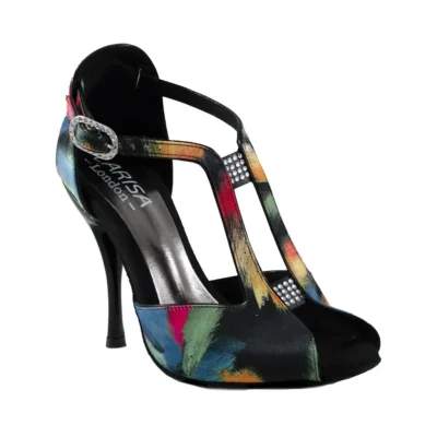 Dámske tanečné topánky Marlene multifarebné, vysoký podpätok. Značka Larisa London. Made in Italy. Fotené šikmo sprava.